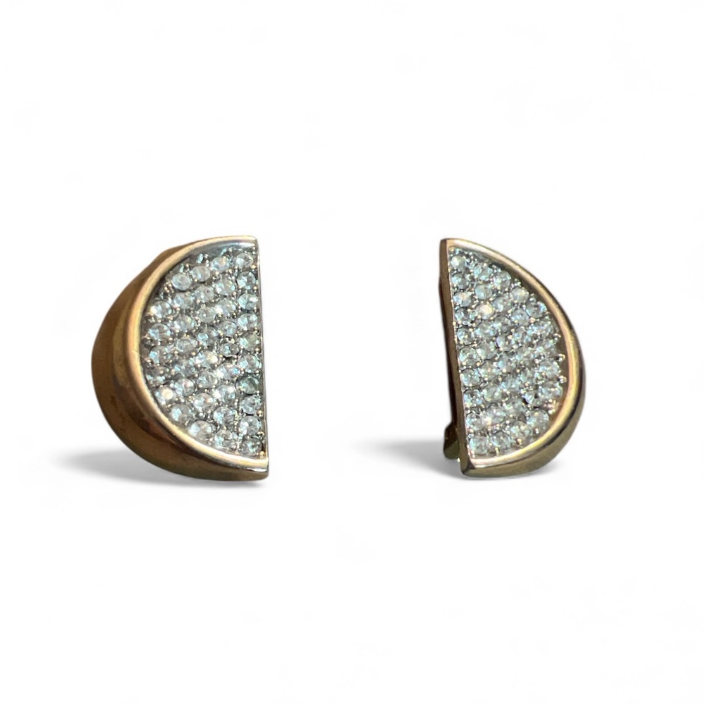 Vintage Joan Collins Gold Tone Rhinestone‎ Half Moon Clip On Earrings Art Deco
